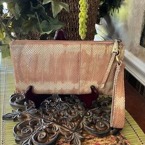 HOBO Cream & Tan Distressed Snake-Embossed Wristlet Clutch.